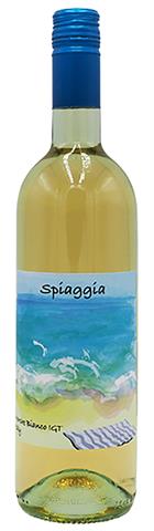 wine bottle with a painting of a beach on a colourful label